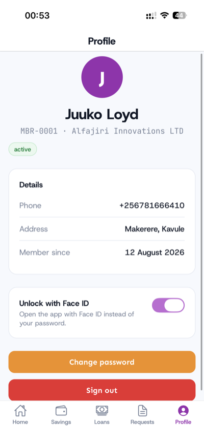 Member profile with biometric unlock