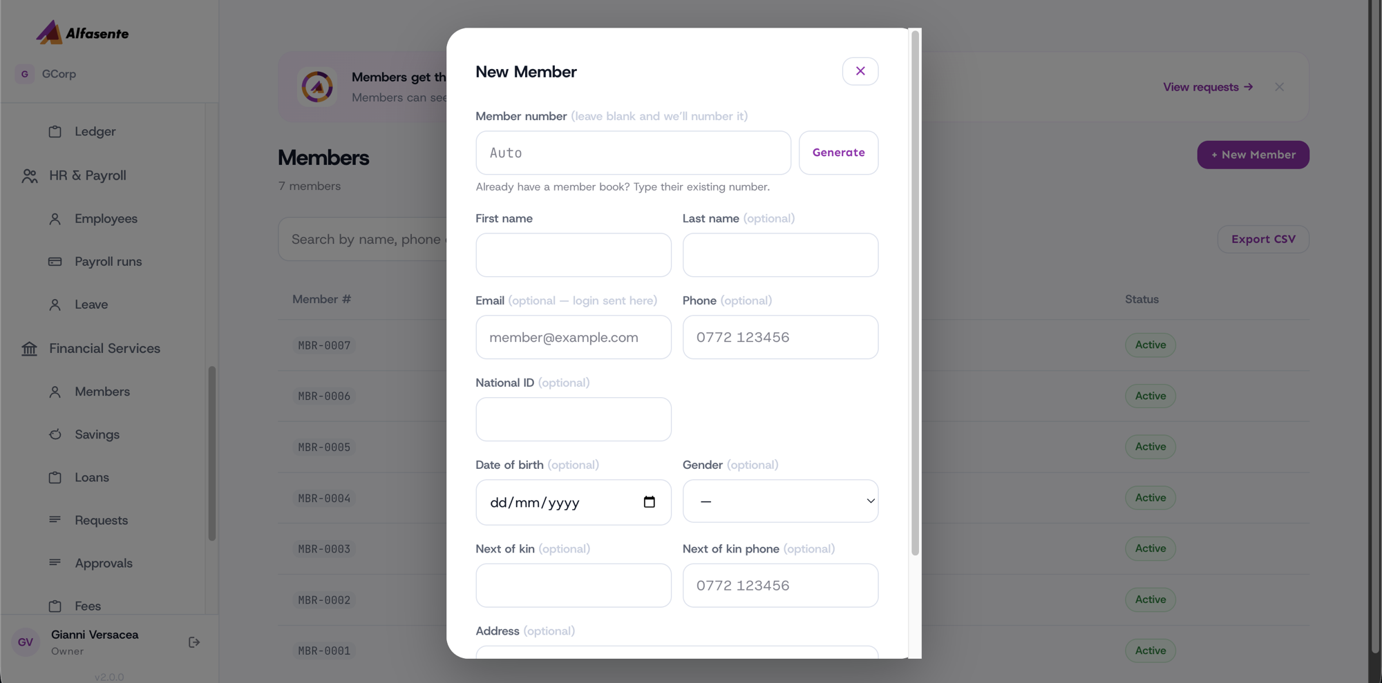 The New Member form. Member number is blank and reads Auto, with a Generate button beside it