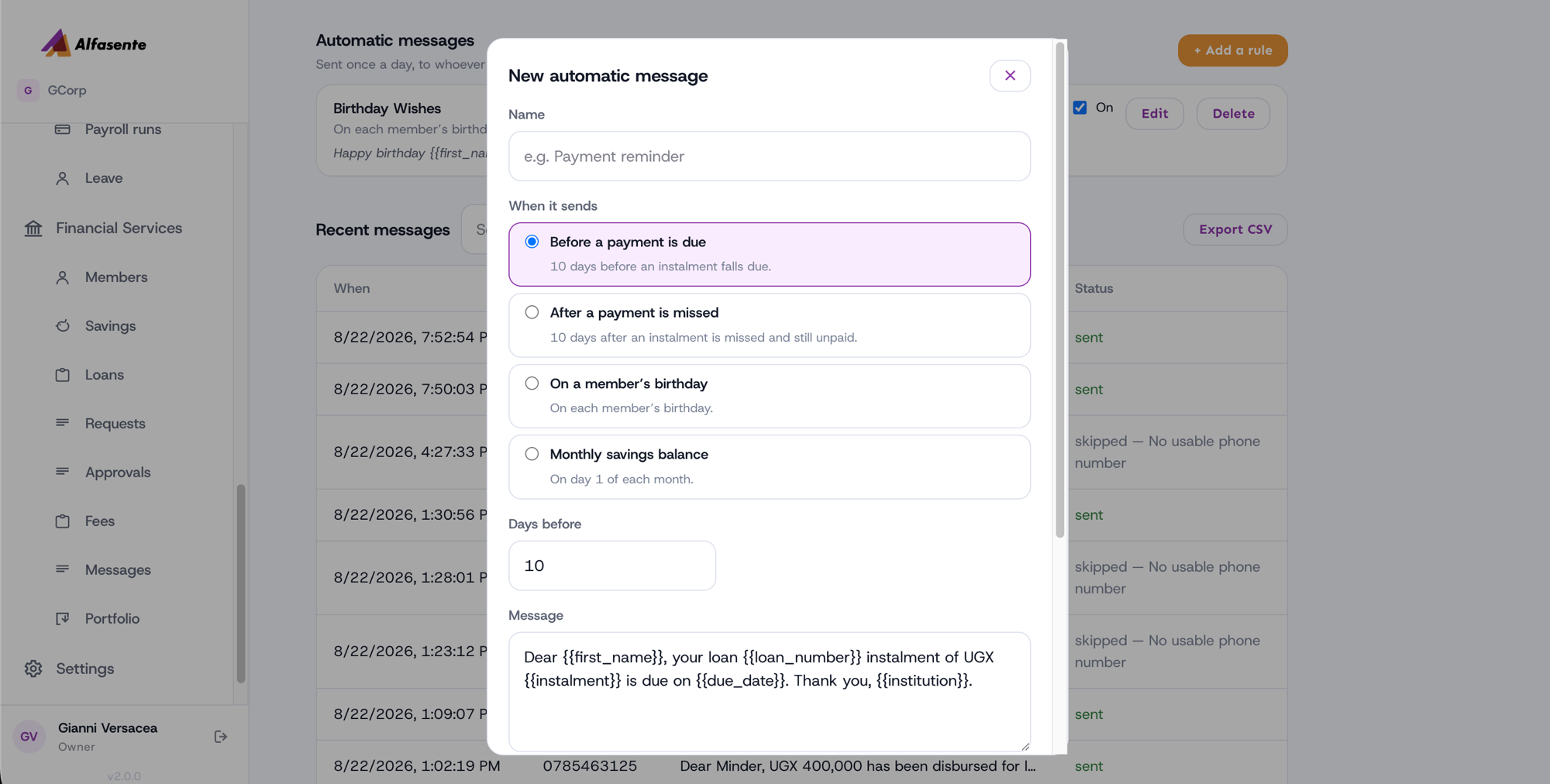 Creating an automatic message. The four triggers are listed as options, with Before a payment is due selected and set to 10 days