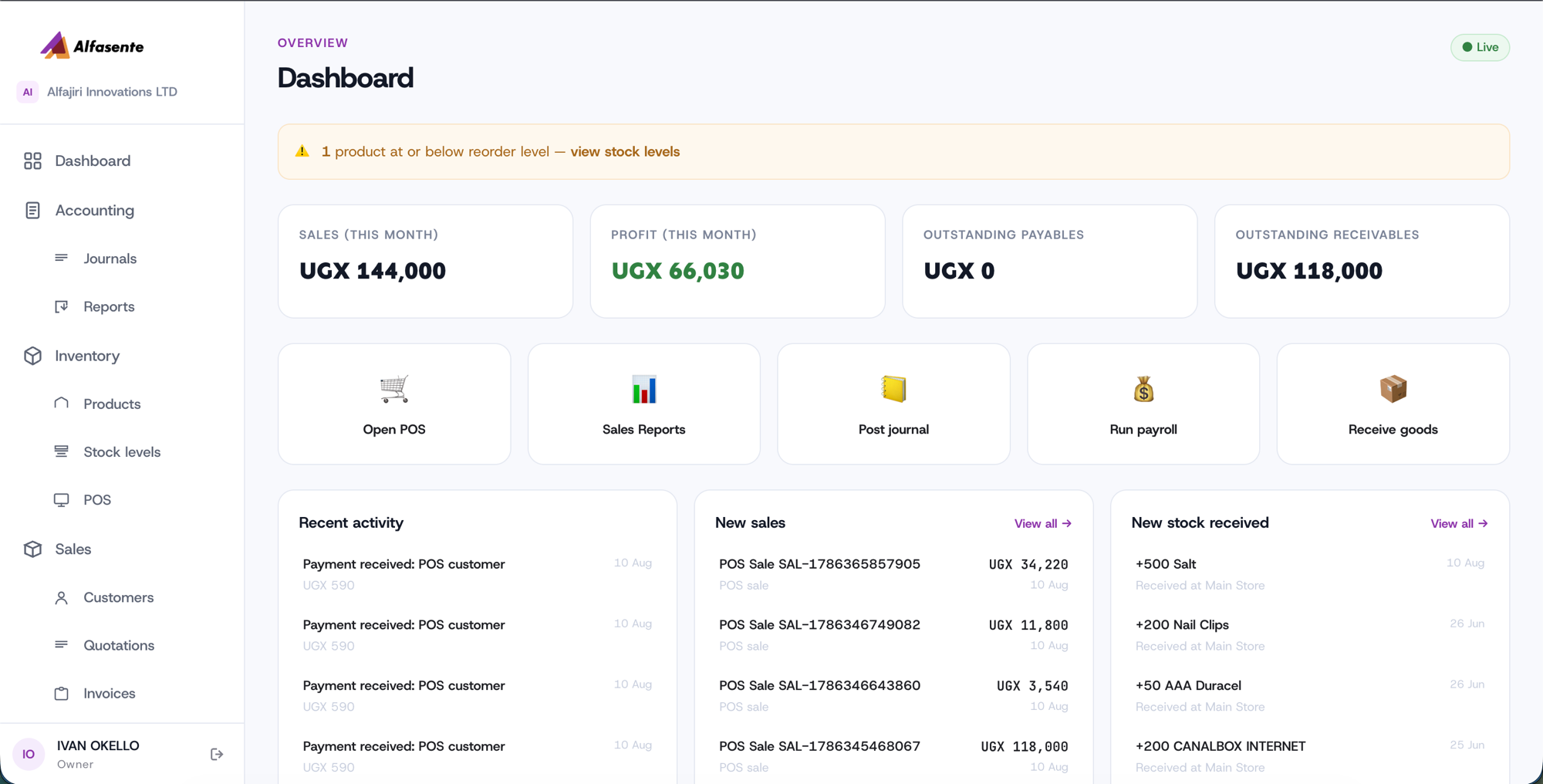 The main Alfasente ERP dashboard
