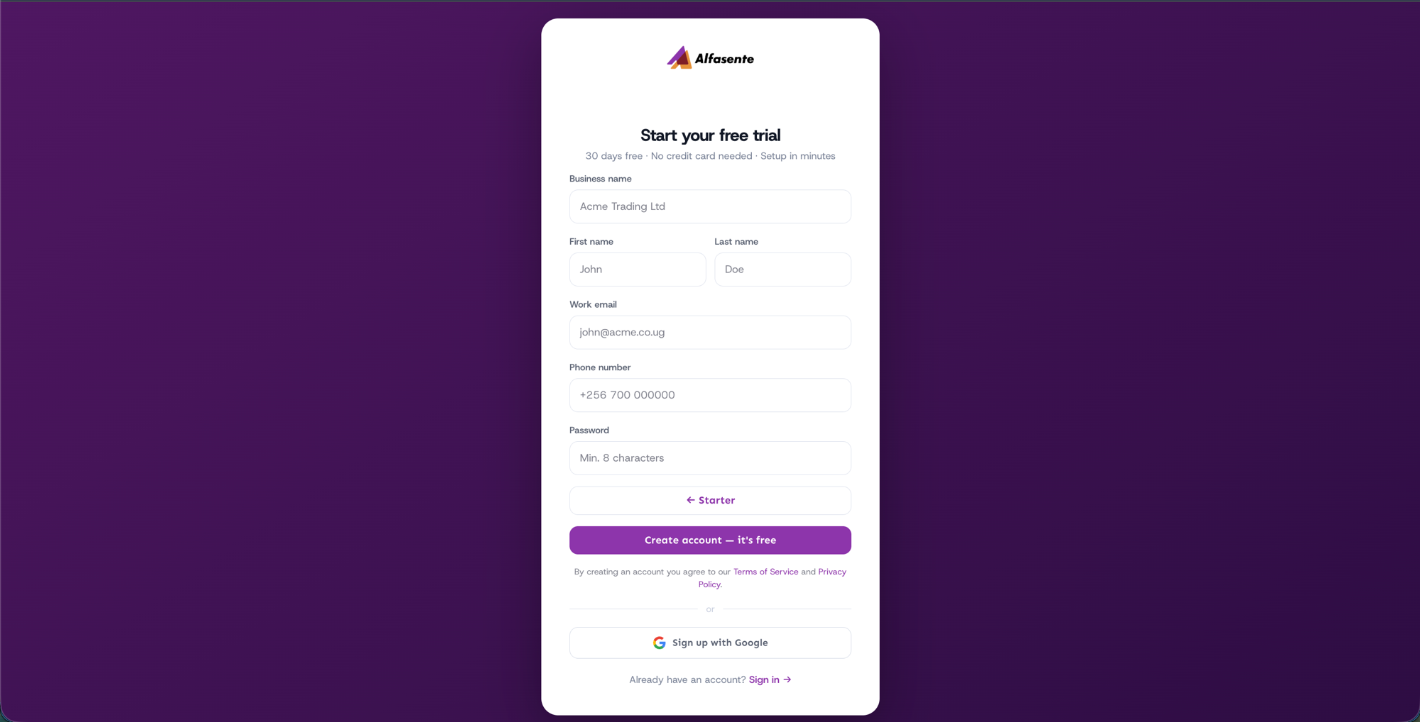 The create-account form