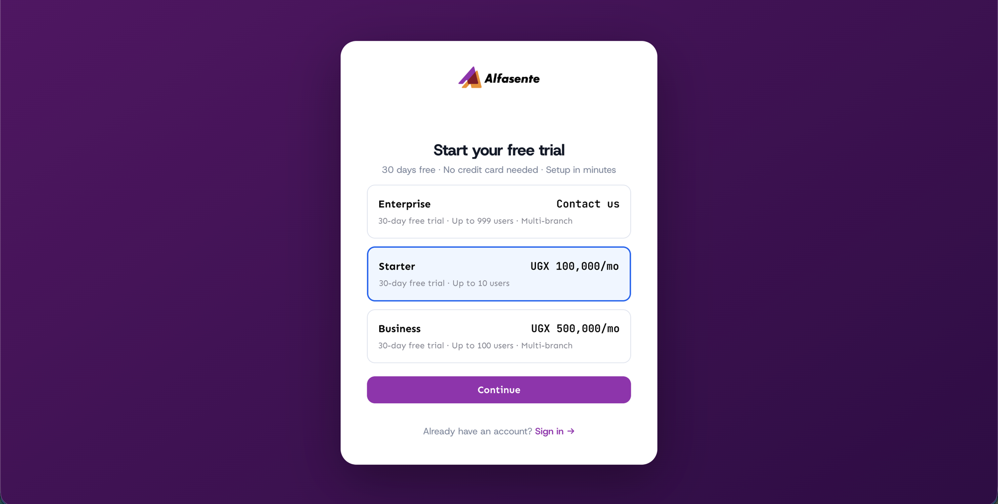 Choosing a plan when signing up