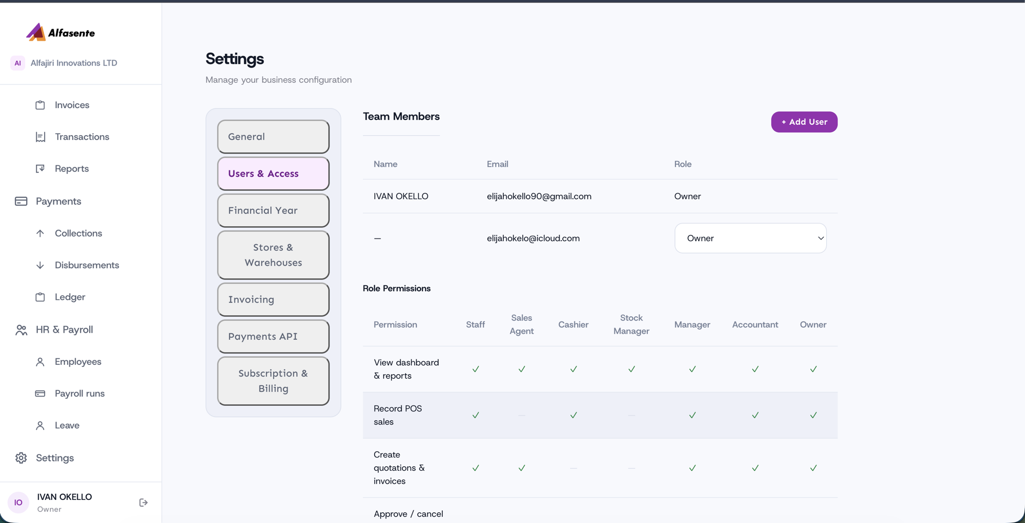 Settings → Users & Access showing the role permissions grid