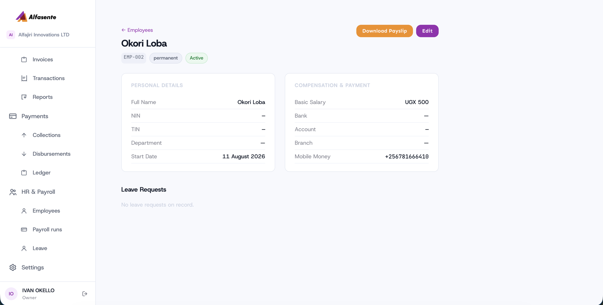 An employee detail page showing personal details, compensation, and leave requests