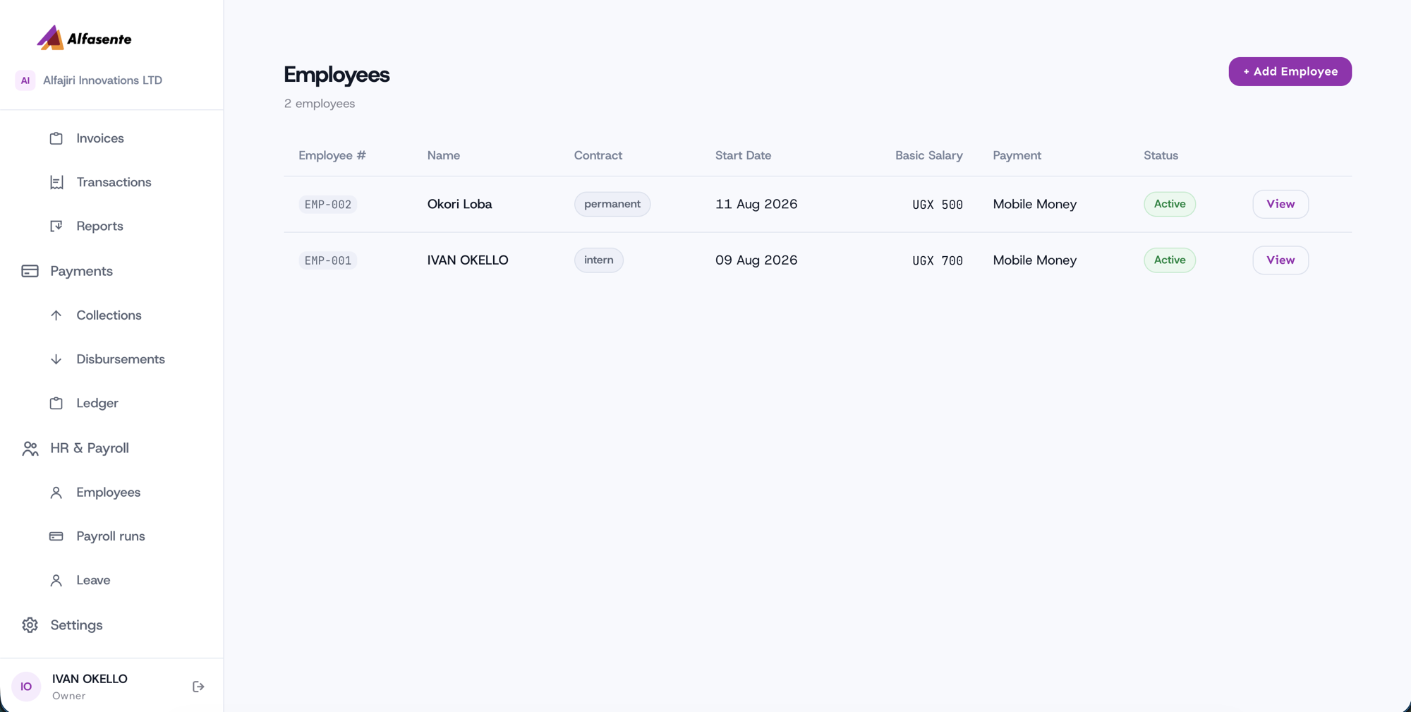 Employees list showing employee number, name, contract, salary, payment method, and status