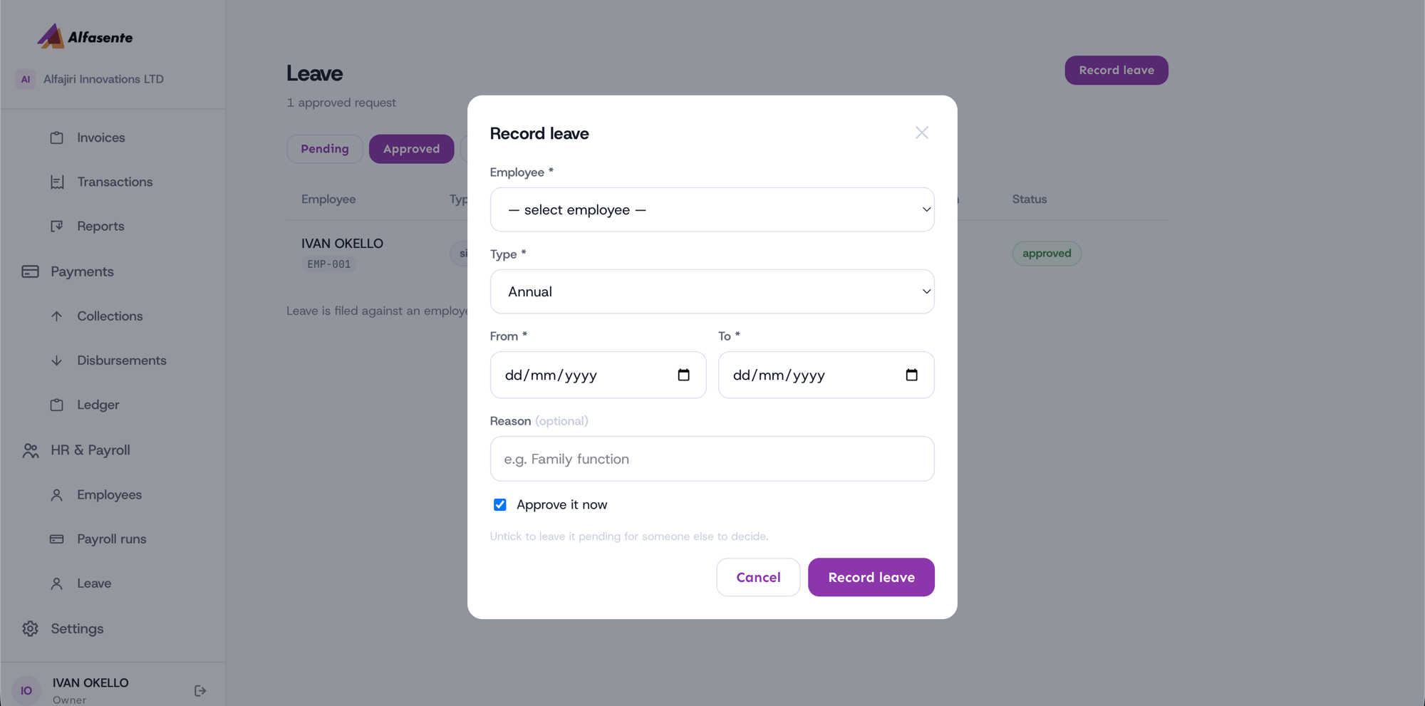 Record leave modal for filing an employee's leave request