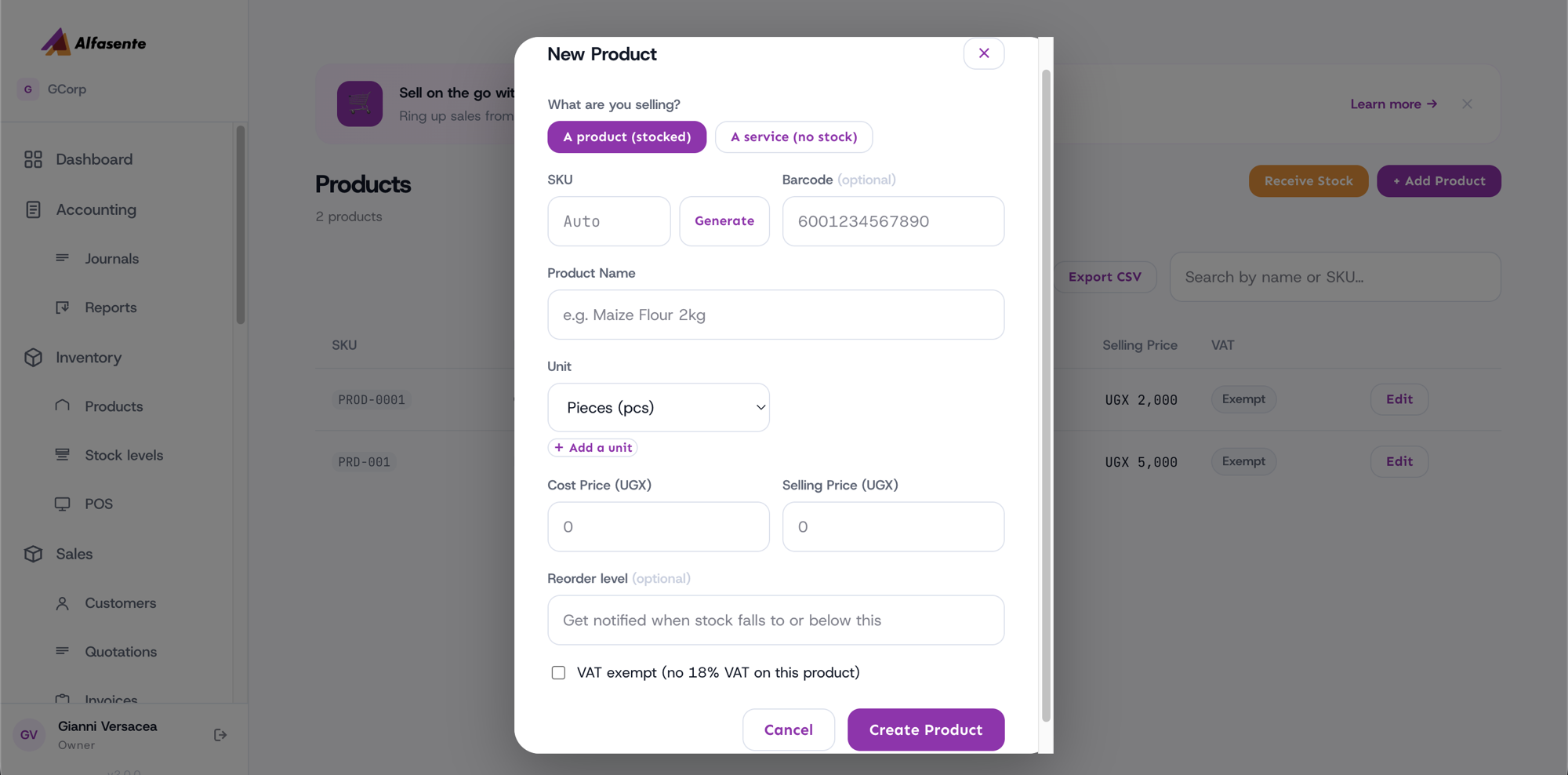 The New Product form. The SKU field is blank and reads Auto, with a Generate button beside it
