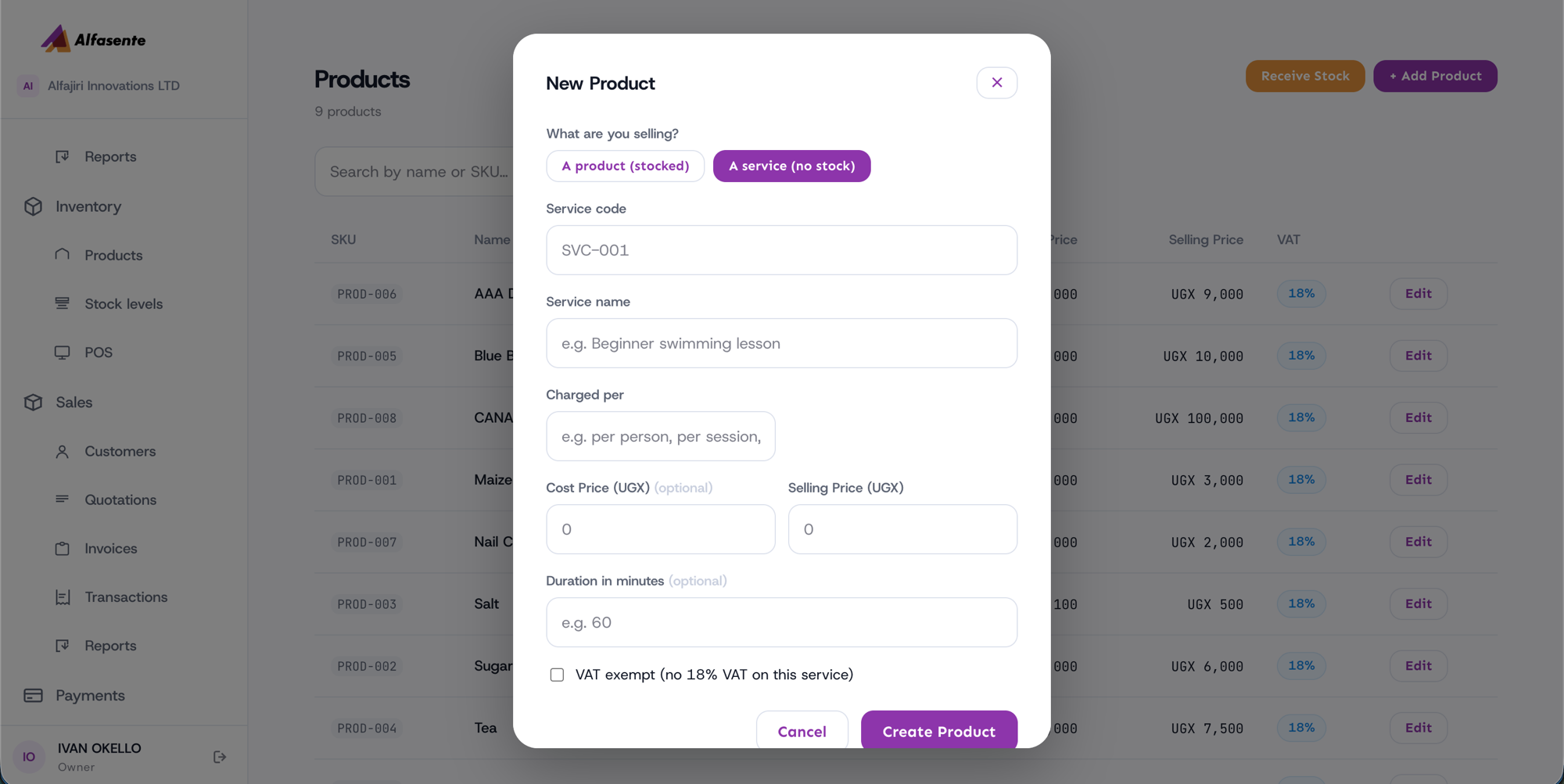 The New Product modal for a service