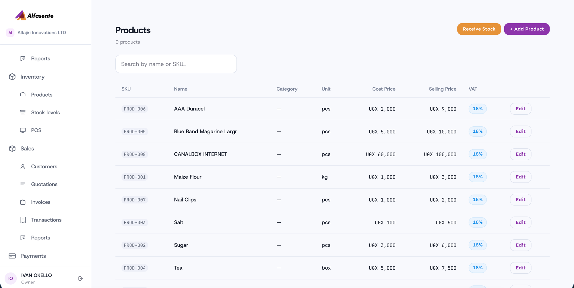 The products catalogue list