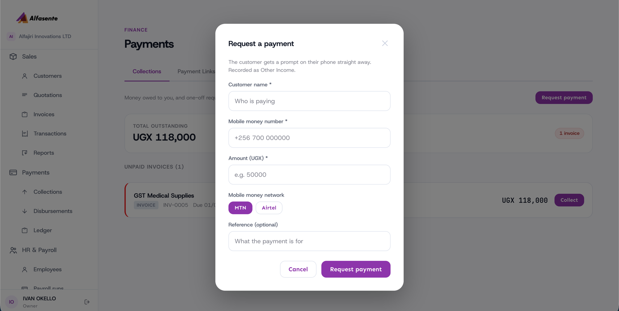 The "Request a payment" collection form, with fields for customer name, mobile money number, amount, network, and reference