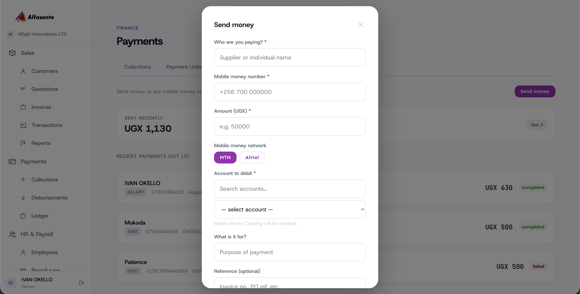 The "Send money" disbursement form, with fields for who you're paying, mobile money number, amount, network, and the account to debit