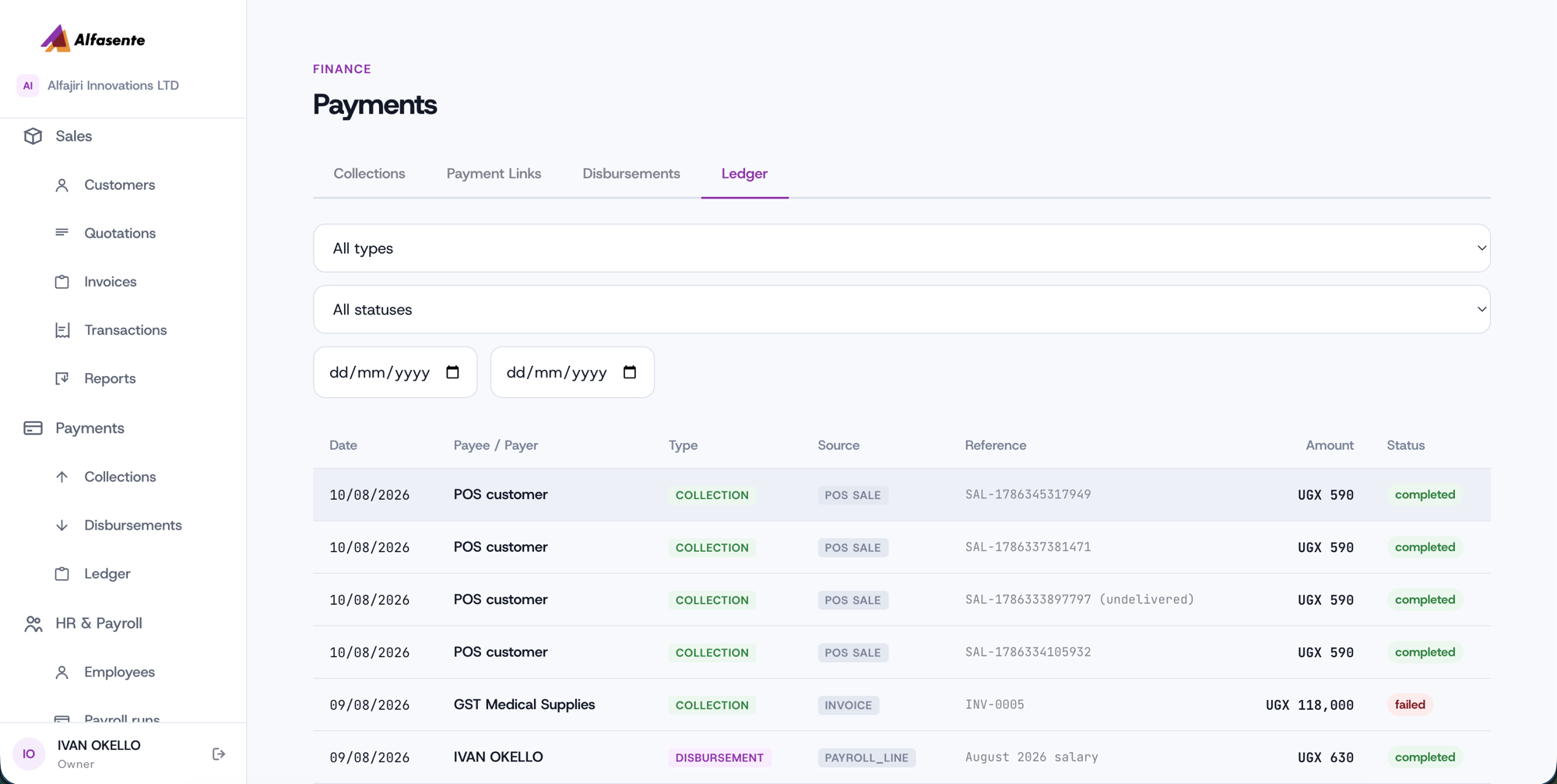 The Payments Ledger, showing dated rows with payer, type, source, reference, amount, and status