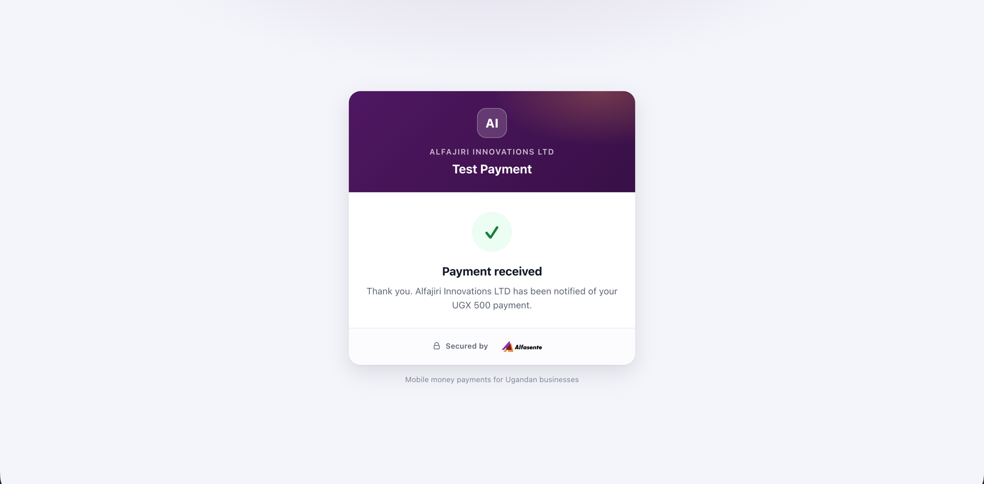 The "Payment received" confirmation shown after a successful payment