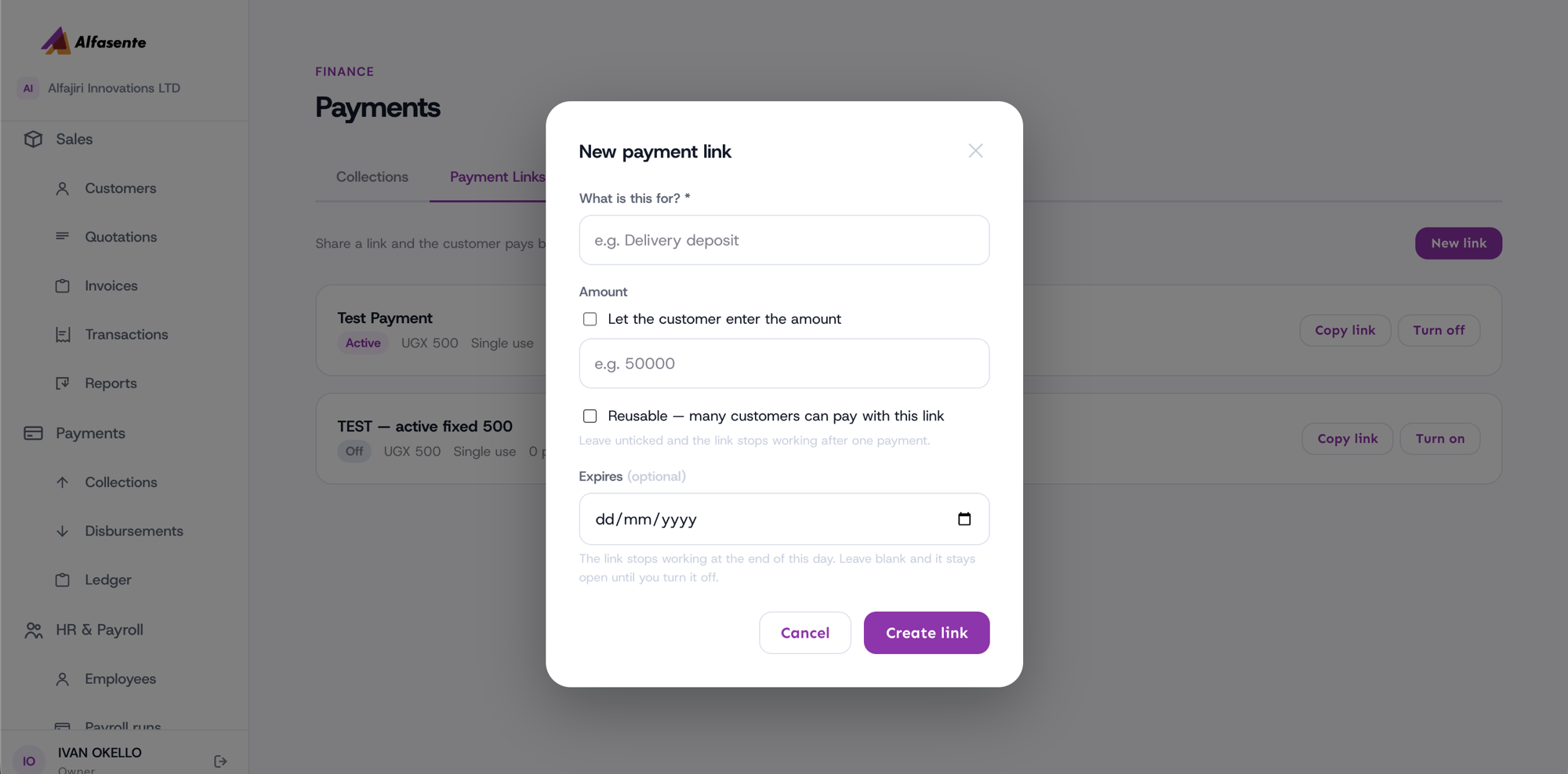 The New payment link modal, with fields for a title, amount, reusable option, and expiry