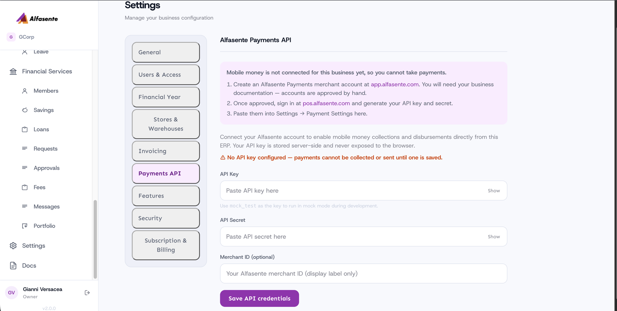 The Settings → Payments API screen, with fields for API Key, API Secret, and Merchant ID