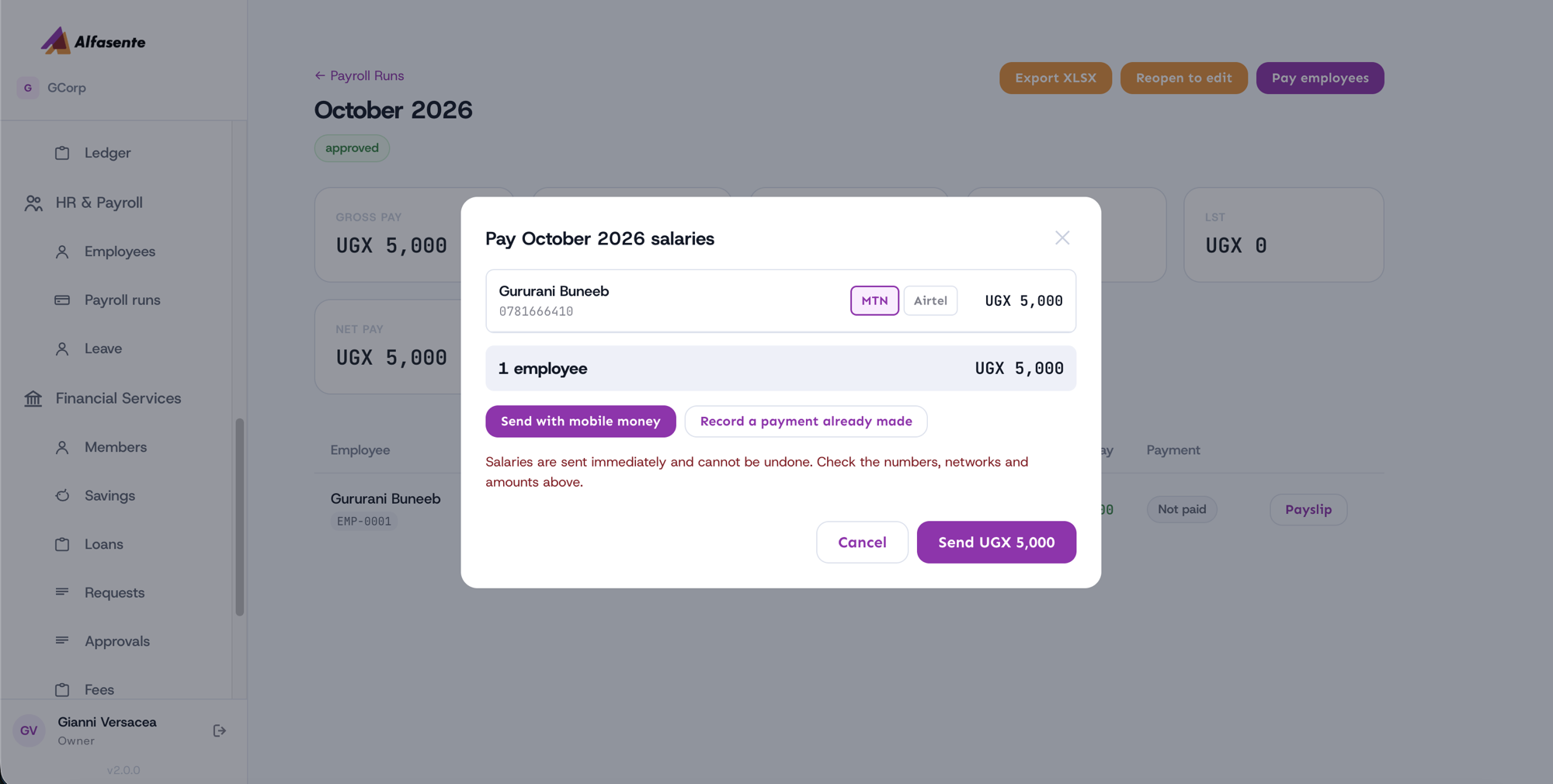 New Payroll Run modal for setting the period and statutory deductions