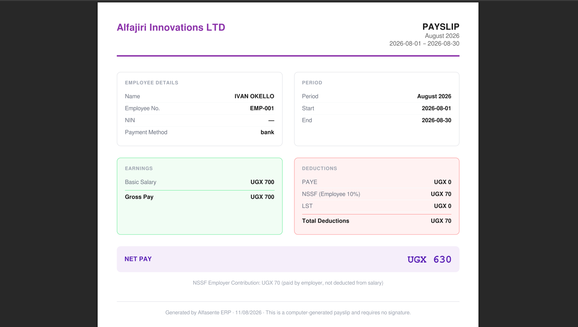 An employee payslip showing earnings, deductions, and net pay