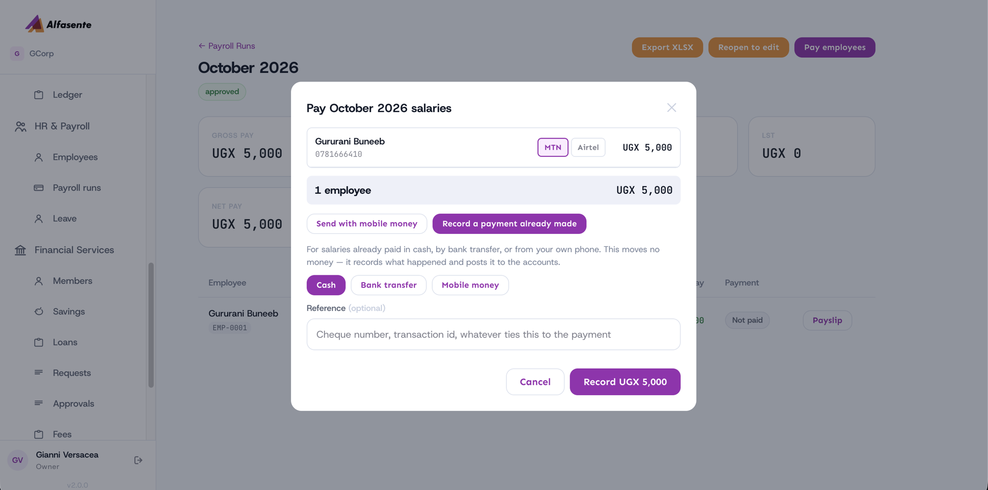 The Pay employees dialog with Record a payment already made selected, offering Cash, Bank transfer and Mobile money, and an optional reference