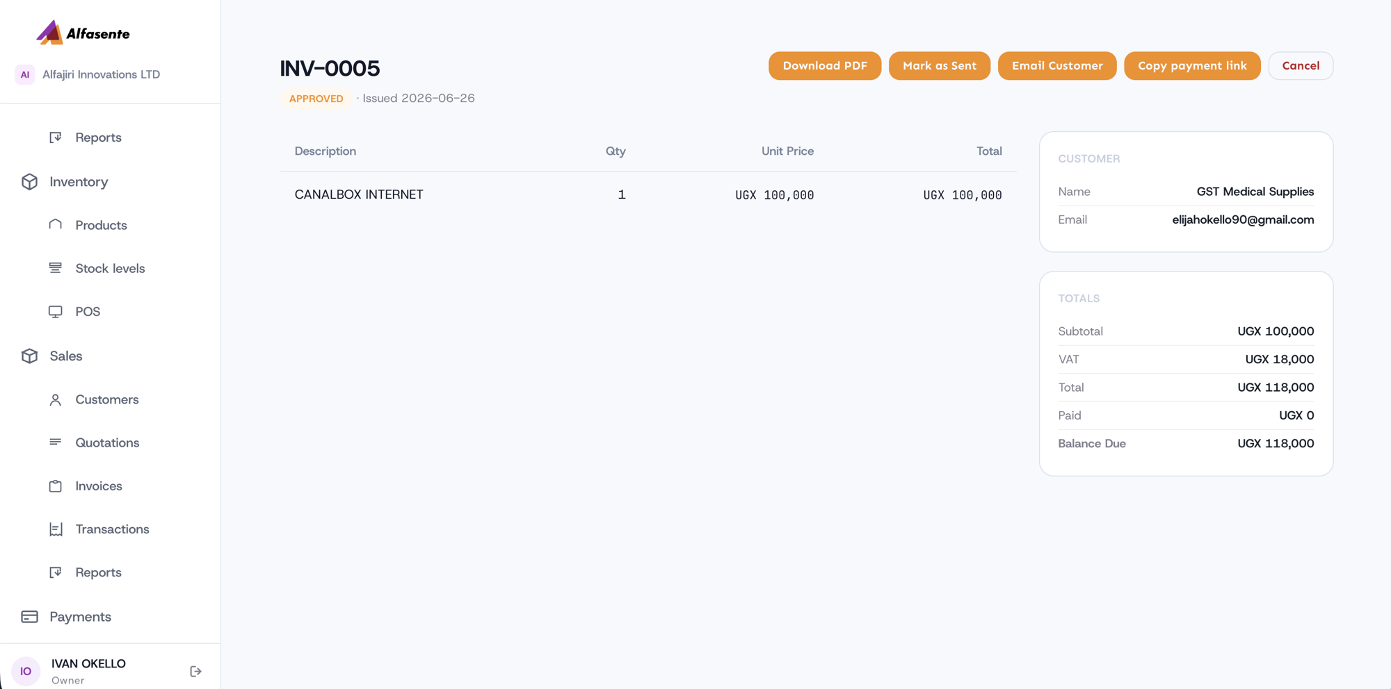 An invoice detail page