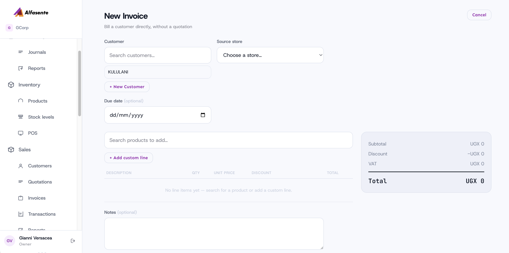 The New Invoice form, with a Source store dropdown beside the customer