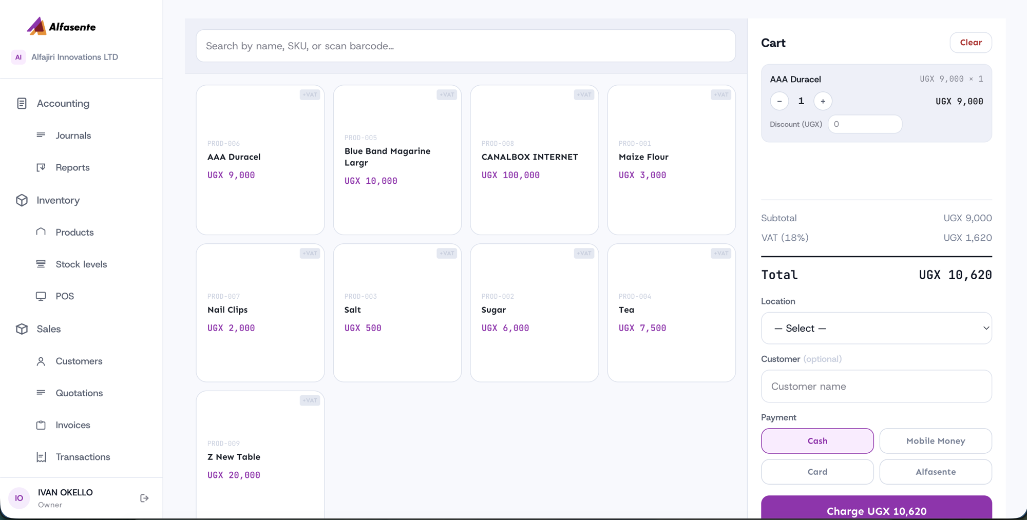 The POS screen showing the product grid on the left and the cart on the right