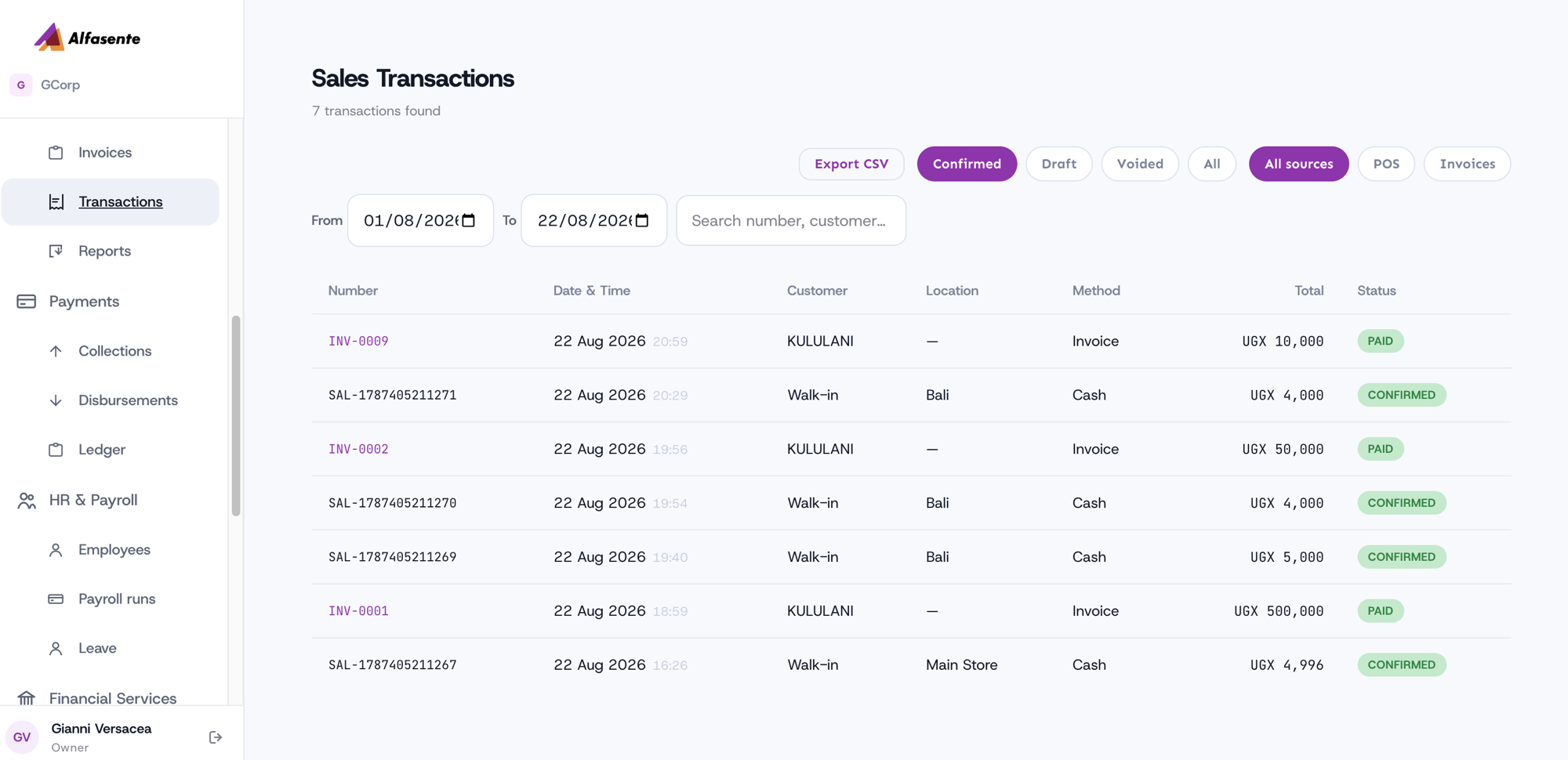 Sales Transactions listing paid invoices and POS sales together, with All sources, POS and Invoices filters