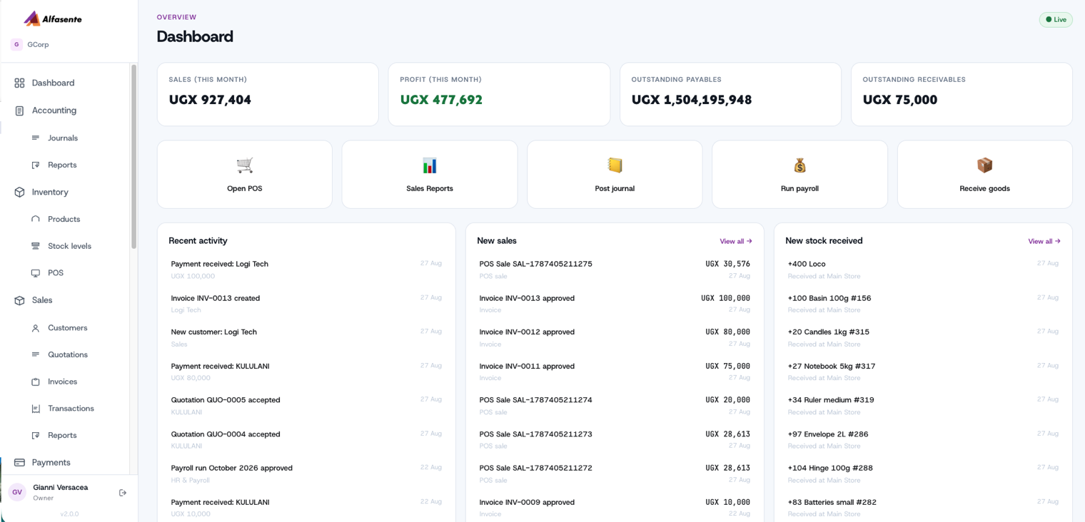 The Alfasente dashboard: sales and profit for the month, outstanding payables and receivables, and recent sales, payments and stock movements.